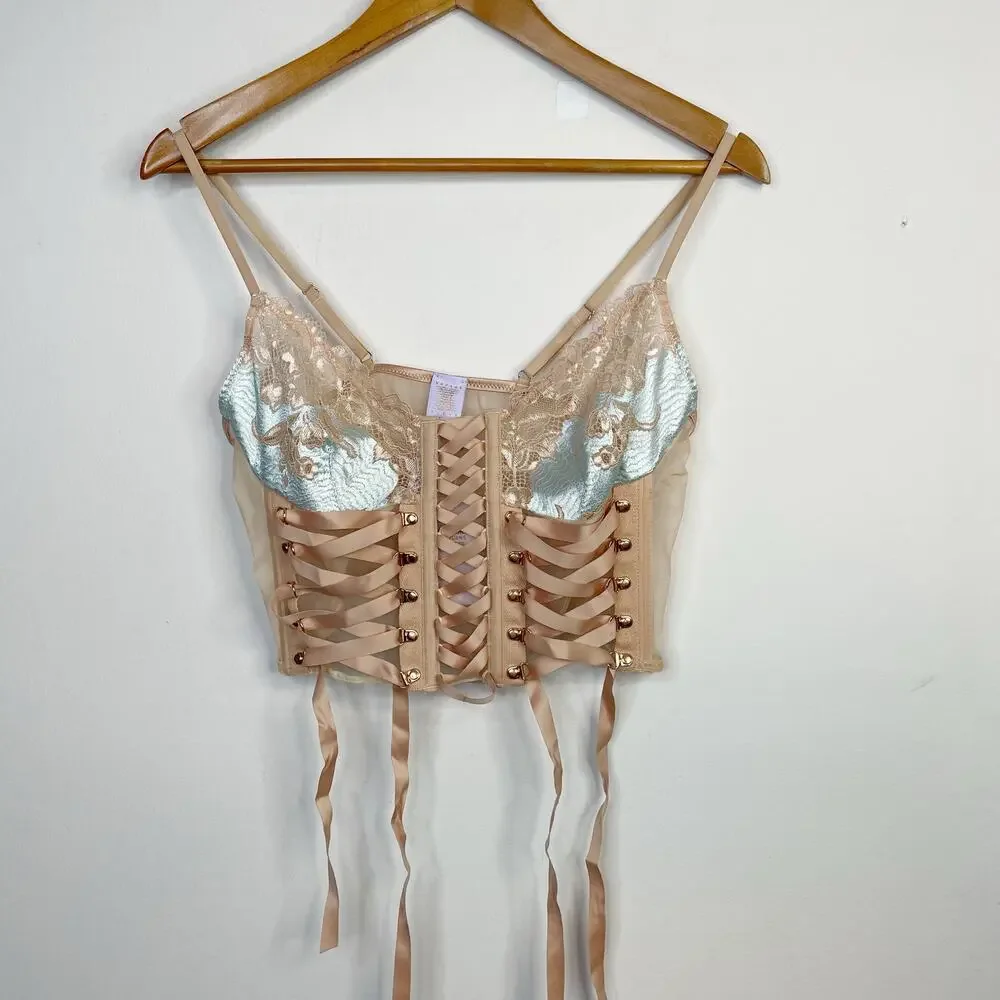Savage x Fenty Laced Up Strappy Cami Corset Camisole Lace Mesh Bra Top L New
